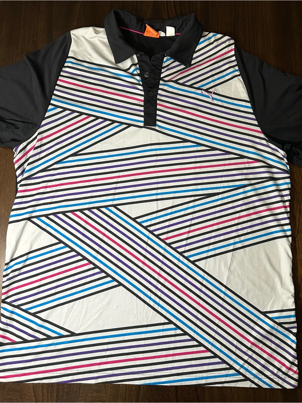 Puma Black Collar Polo with Blue, Pink & Purple Stripes XL